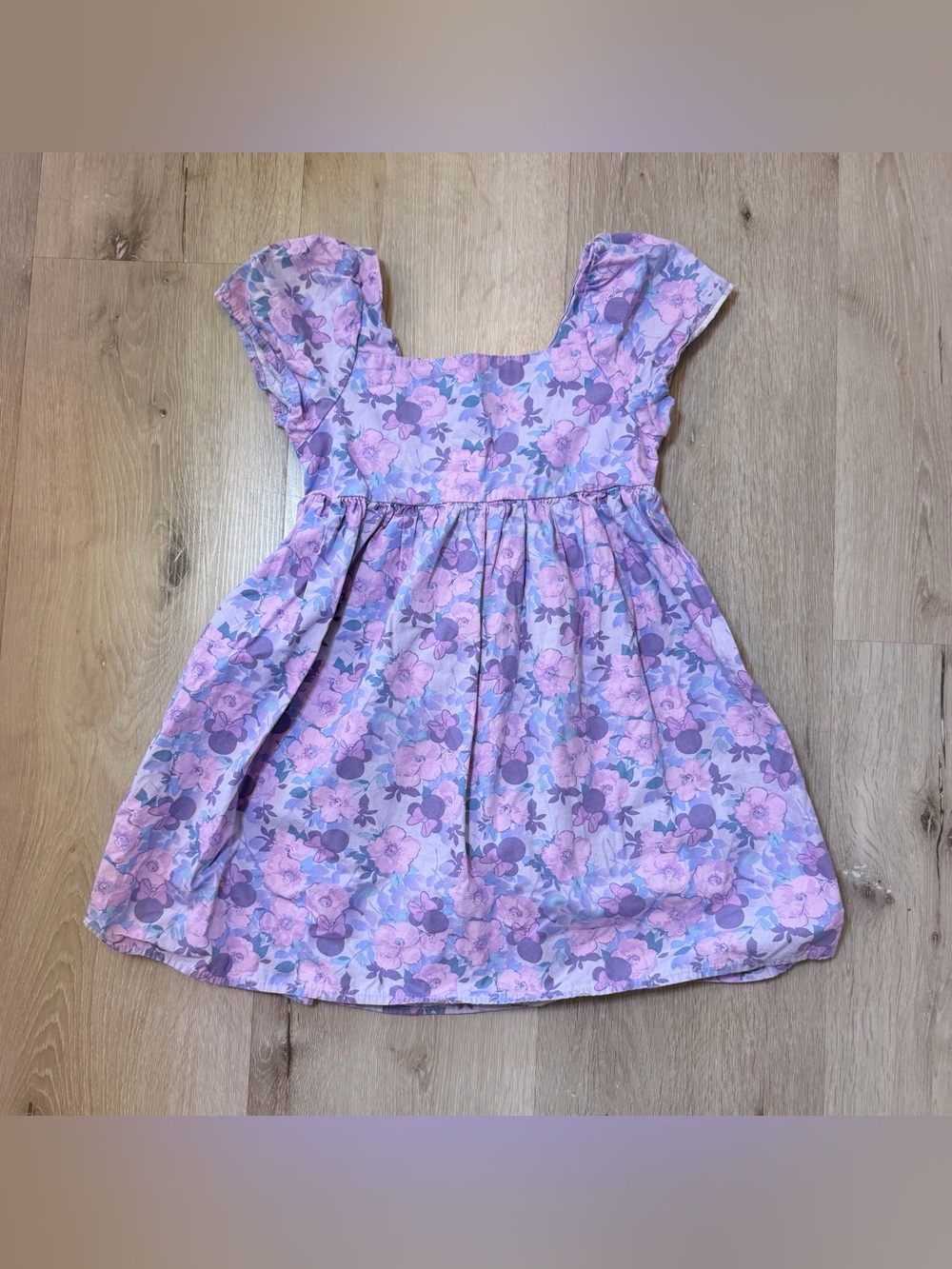 Disney Minnie Mouse Girls Purple Floral Puff Sleeve Cotton Dress Size 8